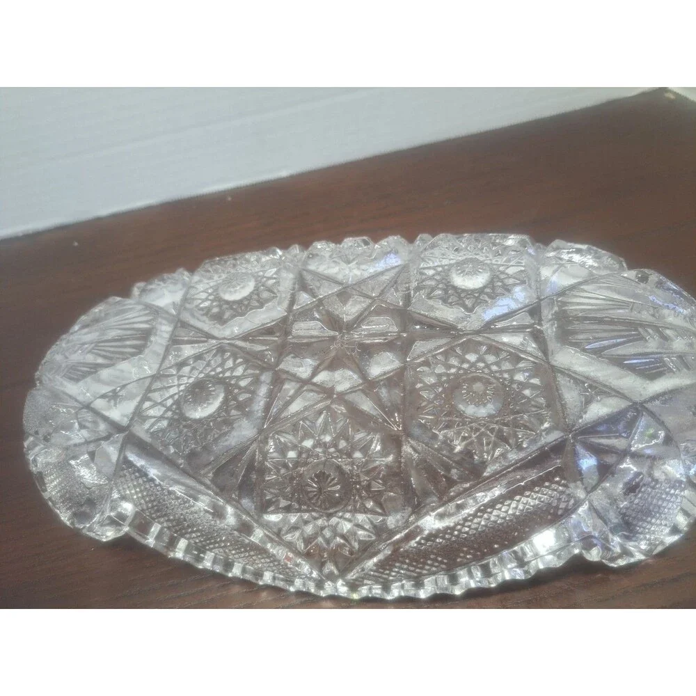 Vintage Cut Glass Serving Tray With Saw Tooth Rim